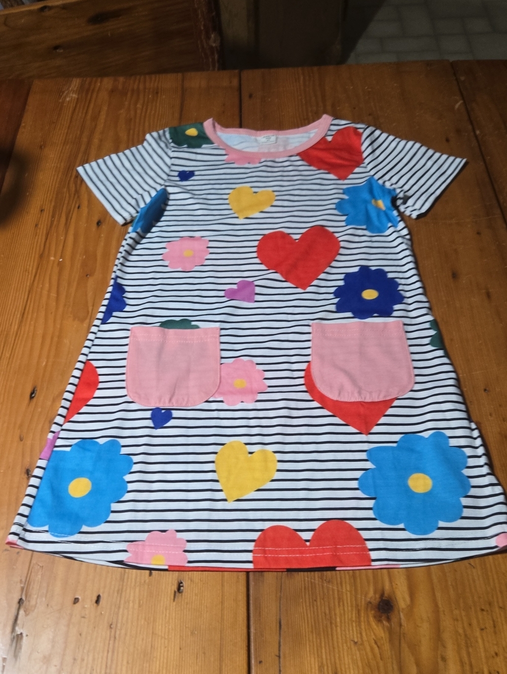 SHEIN Pink Trim Girls' Striped Dress with Flowers Sz 6y